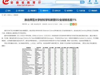 安徽教育网：bw必威西汉姆联官方网站材料学科新晋ESI全球排名前1%